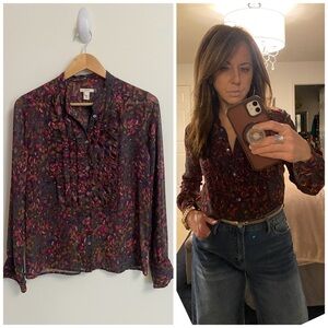 J. CREW Burgundy Multicolor Ruffle Front Silk Blouse Long Sleeve Size 2